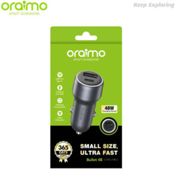 Oraimo Bullet 48 Car Charger, Compact Safe, 48W Fast Charging, Dual Ports USB-A, Universal Compatibility, Multi Protection, Black | OCC-73DBLK